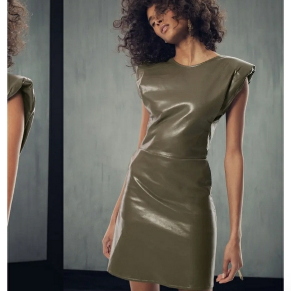 AS BY DF Port Elizabeth Recycled Leather Strong Shoulder Dress Olive Sz Medium - Picture 3 of 6